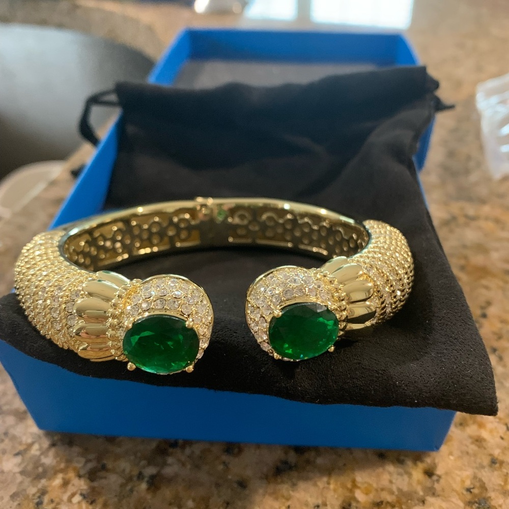 Joan Boyce Gold Bracelet with Green Stones and Clear Crystals